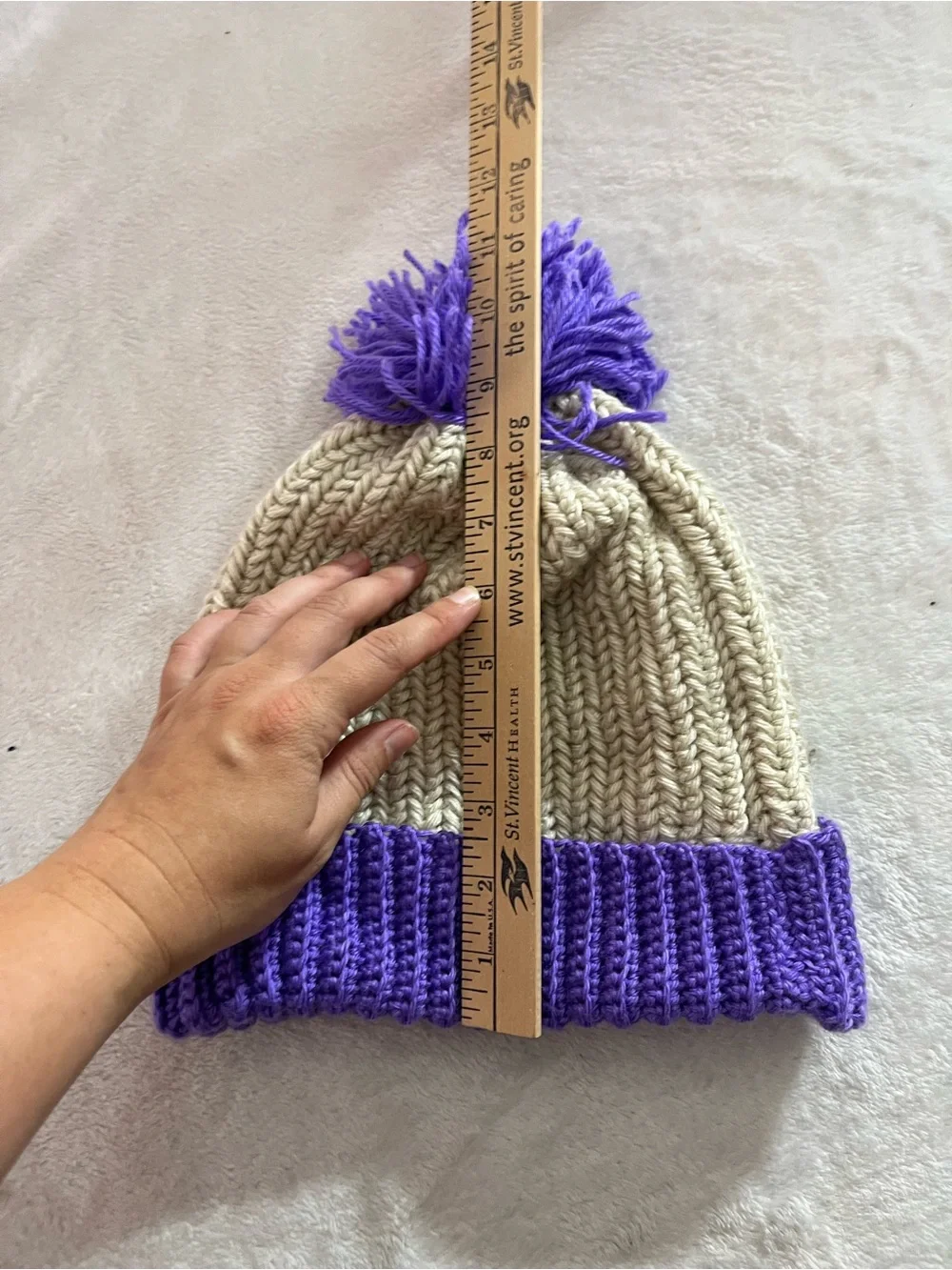 Super Cute Handmade Cream and Purple Pom Pom Beanie Hat Winter Cap Ivory EUC